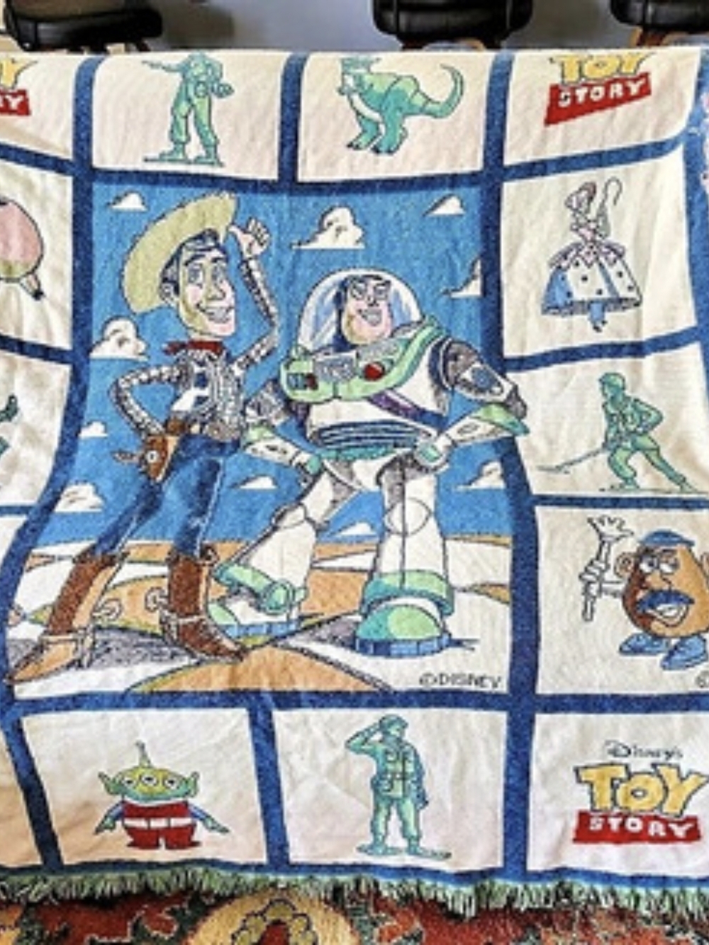 Vintage 90s Disney Pixar Toy Story Character Throw Blanket Blue